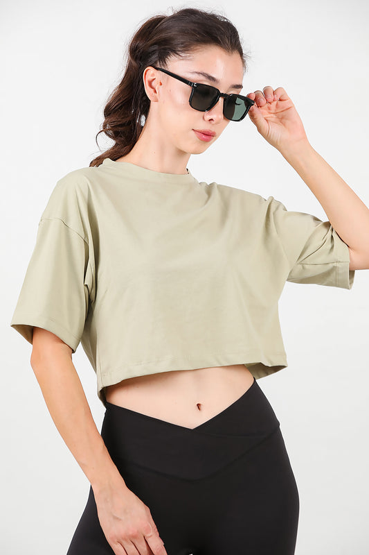 Kadın Bisiklet Yaka Kısa T-Shirt Haki