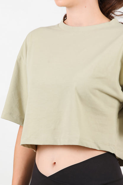 Kadın Bisiklet Yaka Kısa T-Shirt Haki