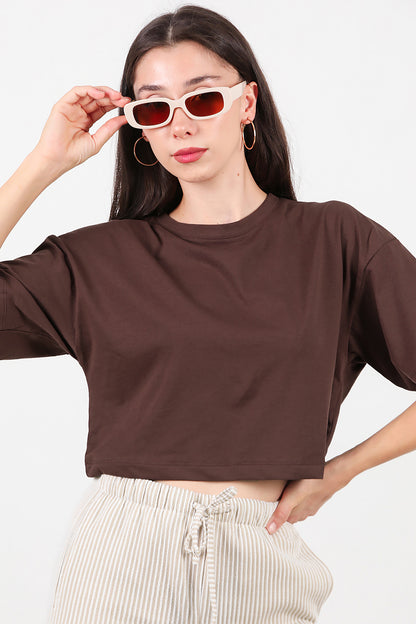 Kadın Bisiklet Yaka Kısa T-Shirt Kahverengi
