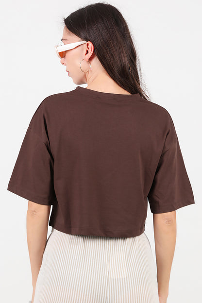 Kadın Bisiklet Yaka Kısa T-Shirt Kahverengi
