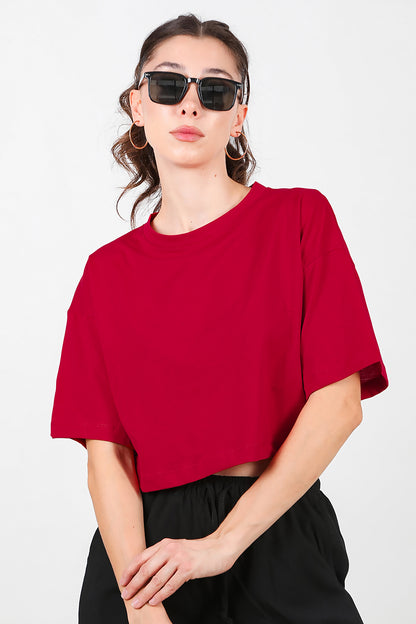 Kadın Bisiklet Yaka Kısa T-Shirt Kırmızı