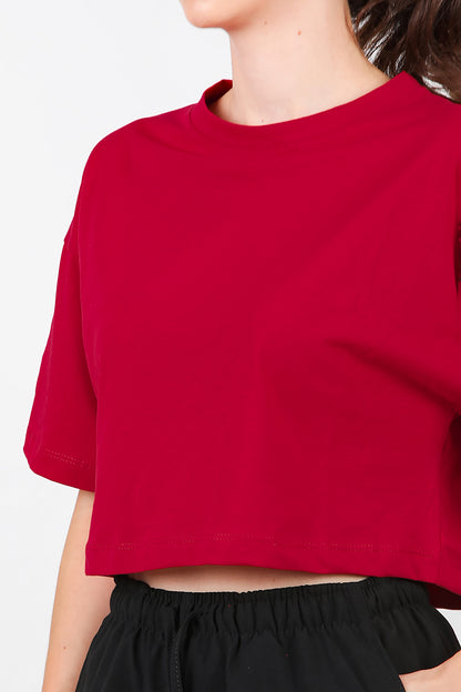 Kadın Bisiklet Yaka Kısa T-Shirt Kırmızı
