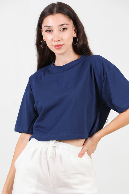 Kadın Bisiklet Yaka Kısa T-Shirt Lacivert