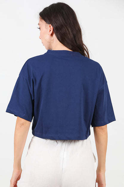 Kadın Bisiklet Yaka Kısa T-Shirt Lacivert