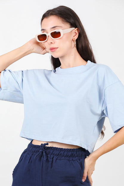 Kadın Bisiklet Yaka Kısa T-Shirt Mavi