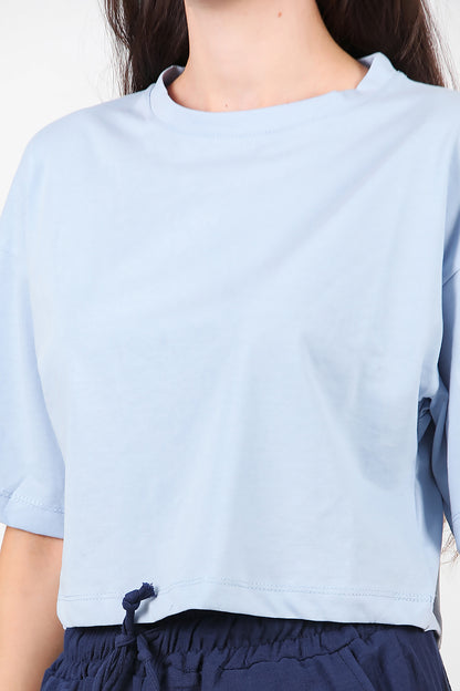 Kadın Bisiklet Yaka Kısa T-Shirt Mavi