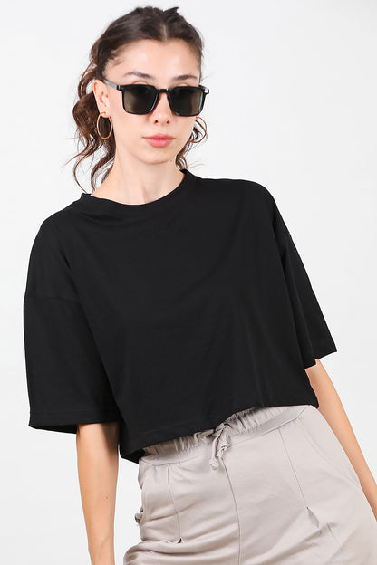 Kadın Bisiklet Yaka Kısa T-Shirt Siyah