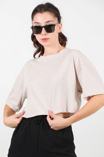 Kadın Bisiklet Yaka Kısa T-Shirt Taş