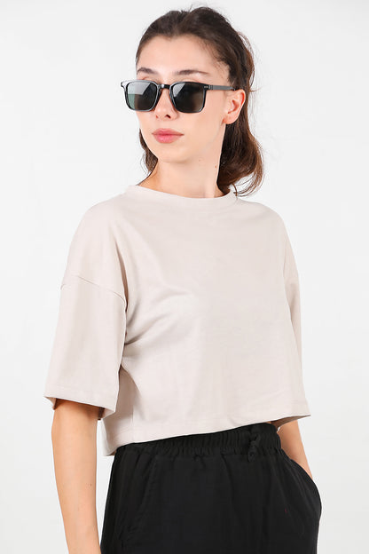 Kadın Bisiklet Yaka Kısa T-Shirt Taş