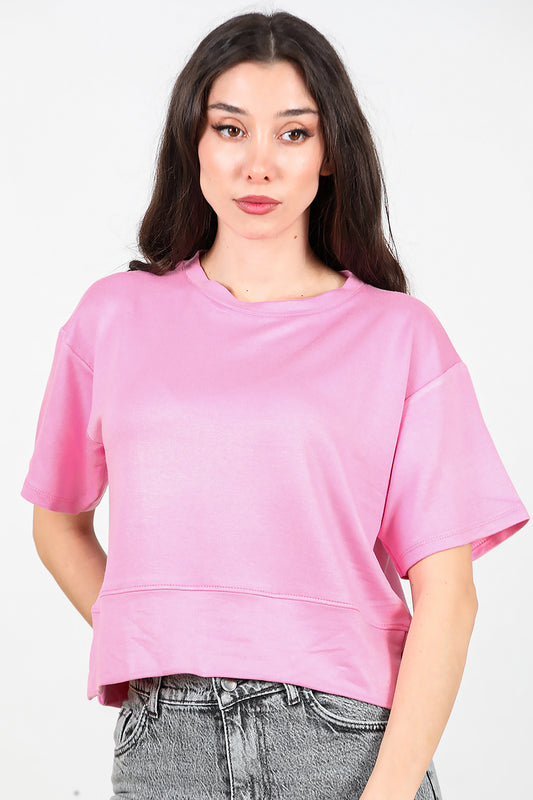 Kadın Bisiklet Yaka Yan Yırtmaçlı T-shırt Pembe