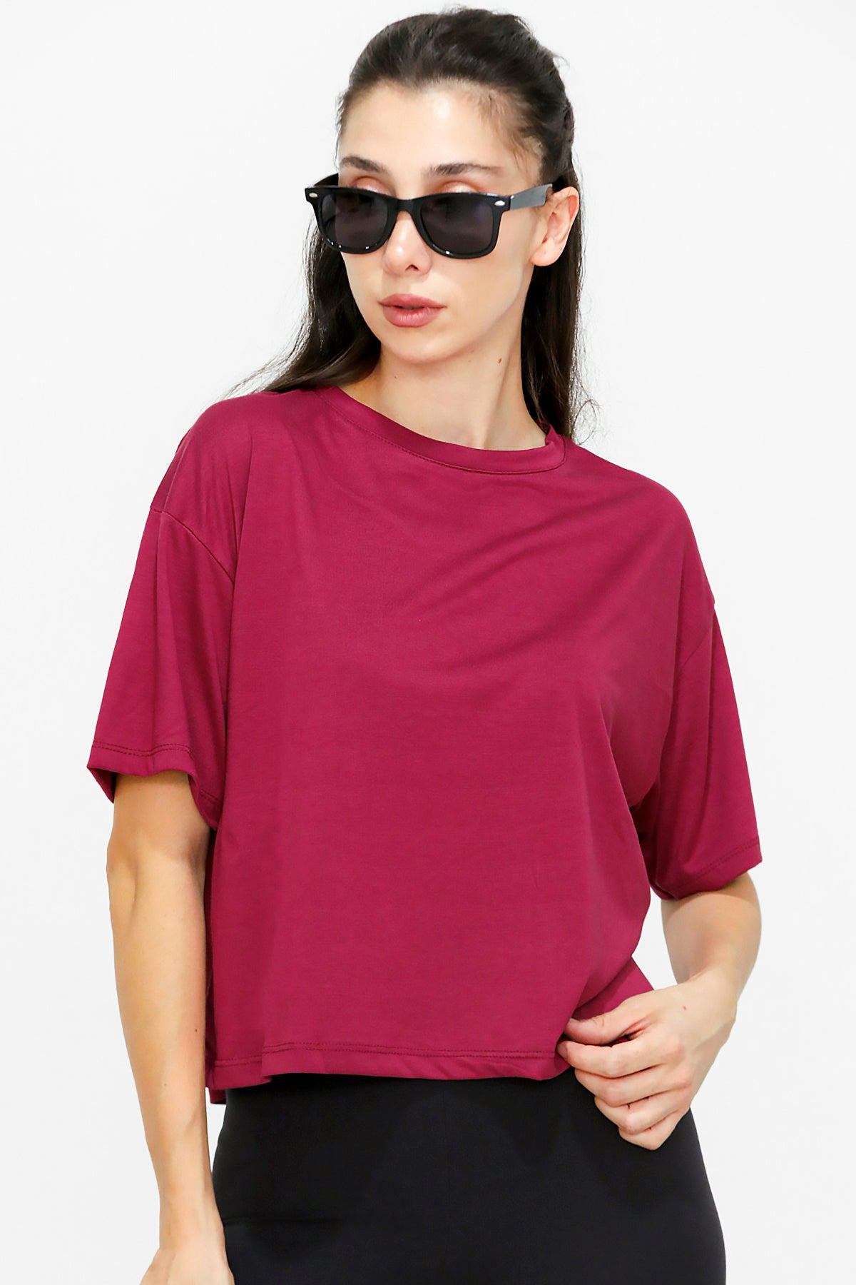 Kadın Bisiklet Yaka Kısa T-shirt Bordo