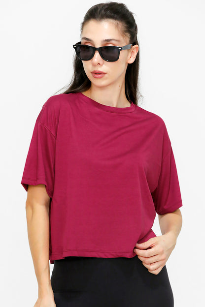 Kadın Bisiklet Yaka Kısa T-shirt Bordo