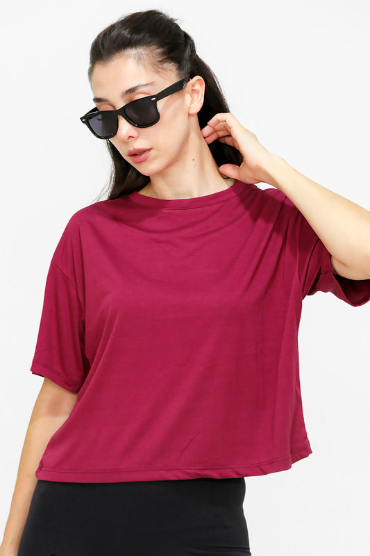 Kadın Bisiklet Yaka Kısa T-shirt Bordo
