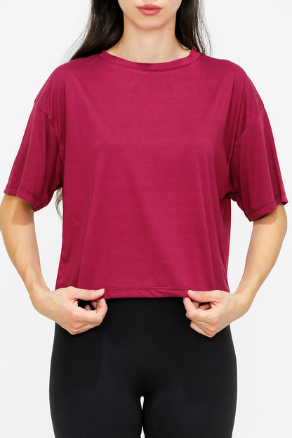 Kadın Bisiklet Yaka Kısa T-shirt Bordo