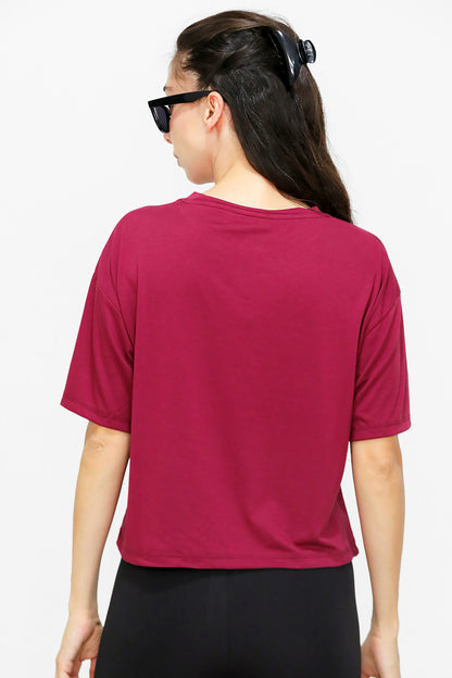 Kadın Bisiklet Yaka Kısa T-shirt Bordo