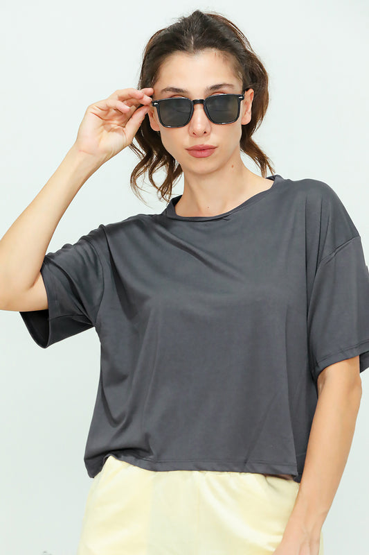 Kadın Bisiklet Yaka Kısa T-shirt Füme