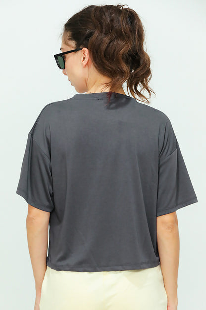 Kadın Bisiklet Yaka Kısa T-shirt Füme