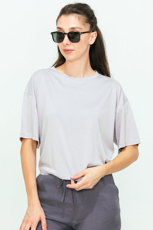 Kadın Bisiklet Yaka Kısa T-shirt Gri
