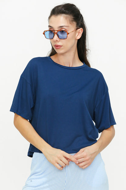 Kadın Bisiklet Yaka Kısa T-shirt Lacivert
