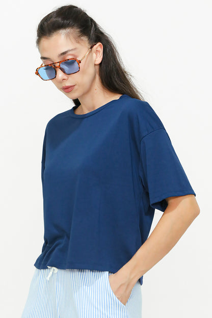 Kadın Bisiklet Yaka Kısa T-shirt Lacivert
