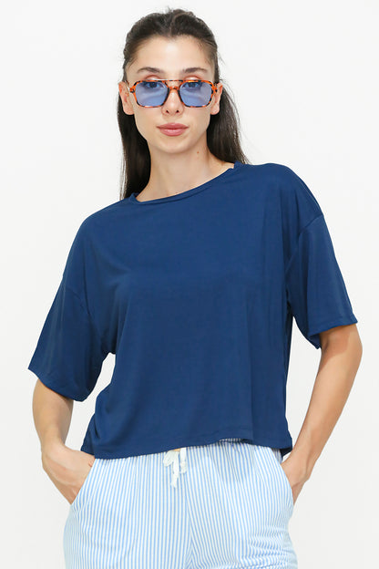 Kadın Bisiklet Yaka Kısa T-shirt Lacivert