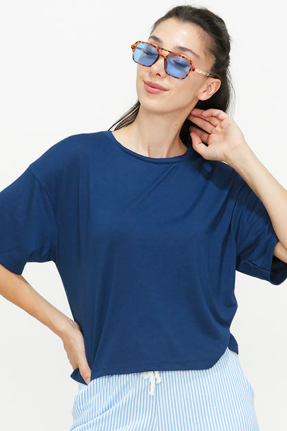 Kadın Bisiklet Yaka Kısa T-shirt Lacivert