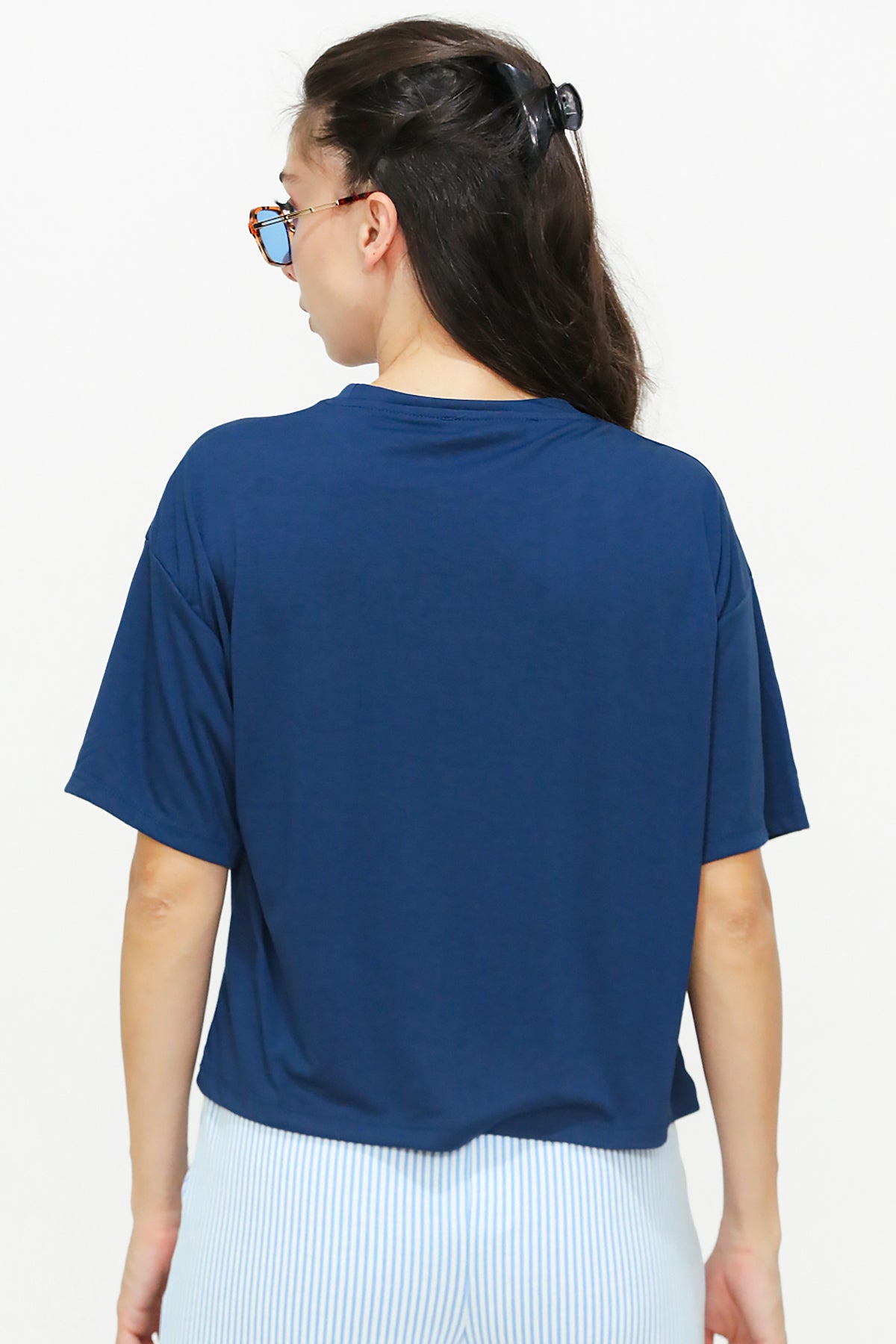 Kadın Bisiklet Yaka Kısa T-shirt Lacivert