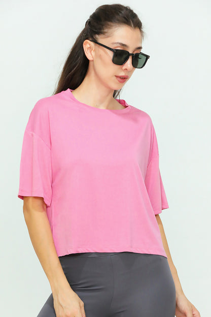 Kadın Bisiklet Yaka Kısa T-shirt Pembe