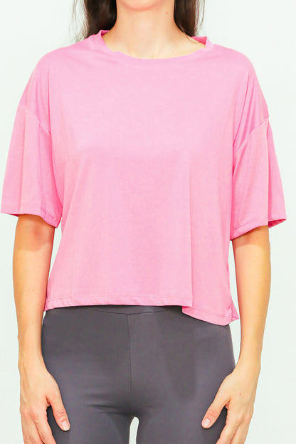 Kadın Bisiklet Yaka Kısa T-shirt Pembe