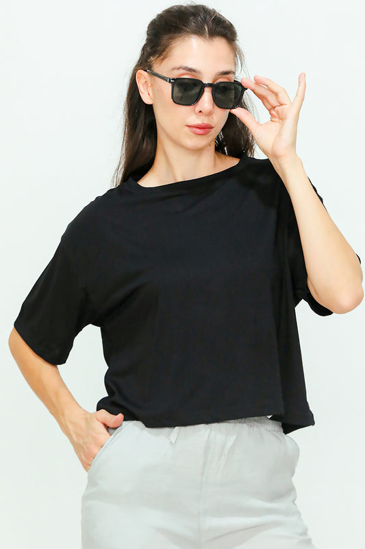 Kadın Bisiklet Yaka Kısa T-shirt Siyah