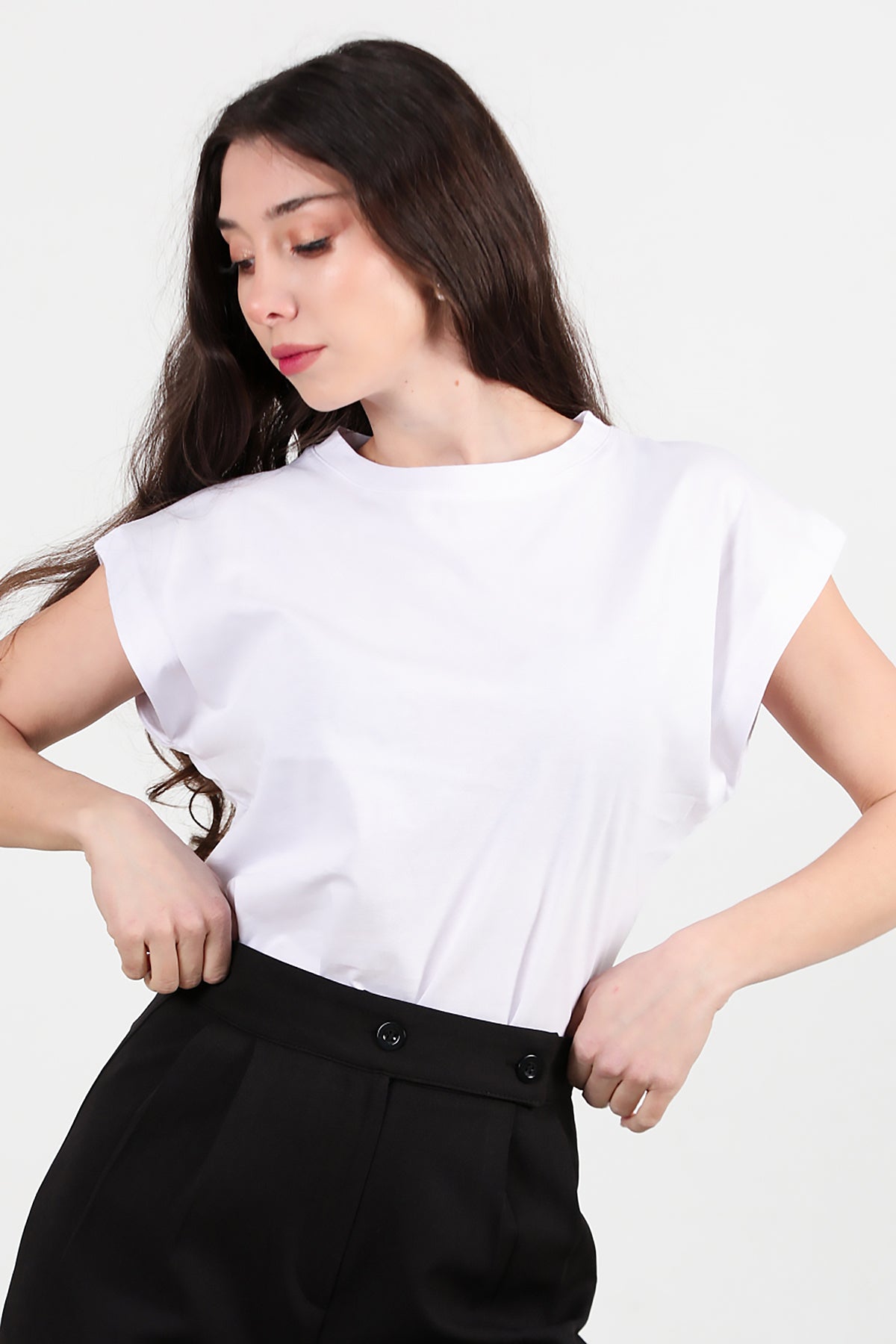 Kadın Bisiklet Yaka Oversize T-shirt Ekru
