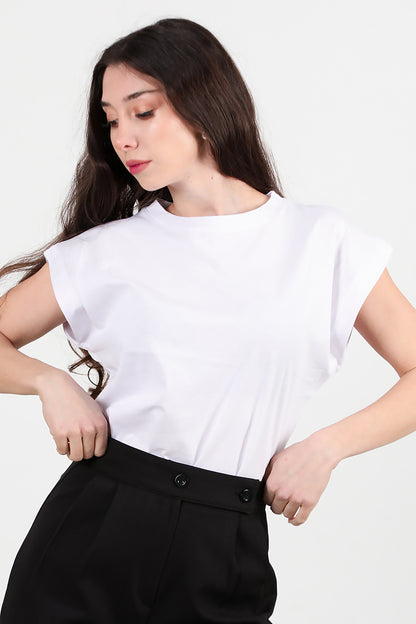 Kadın Bisiklet Yaka Oversize T-shirt Ekru