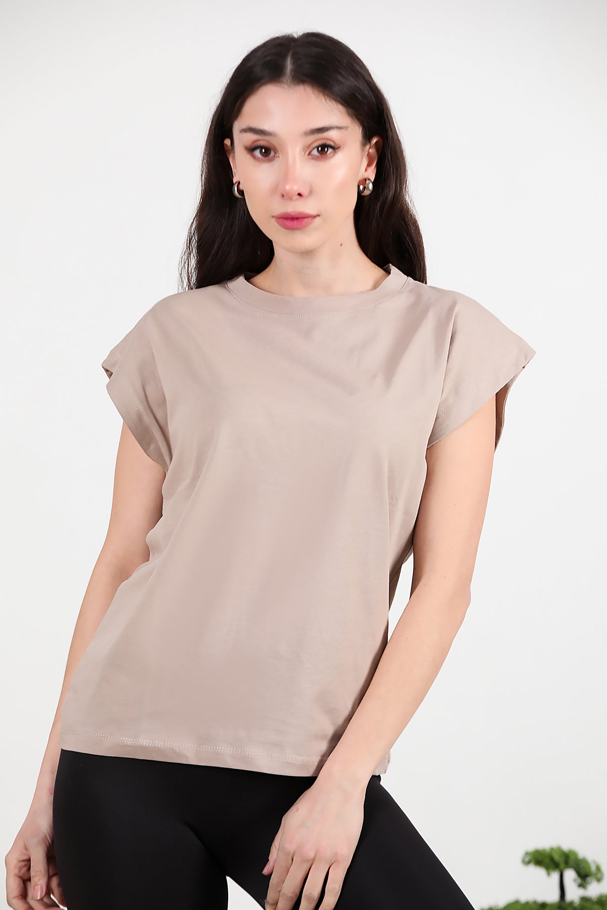 Kadın Bisiklet Yaka Oversize T-shirt Vizon