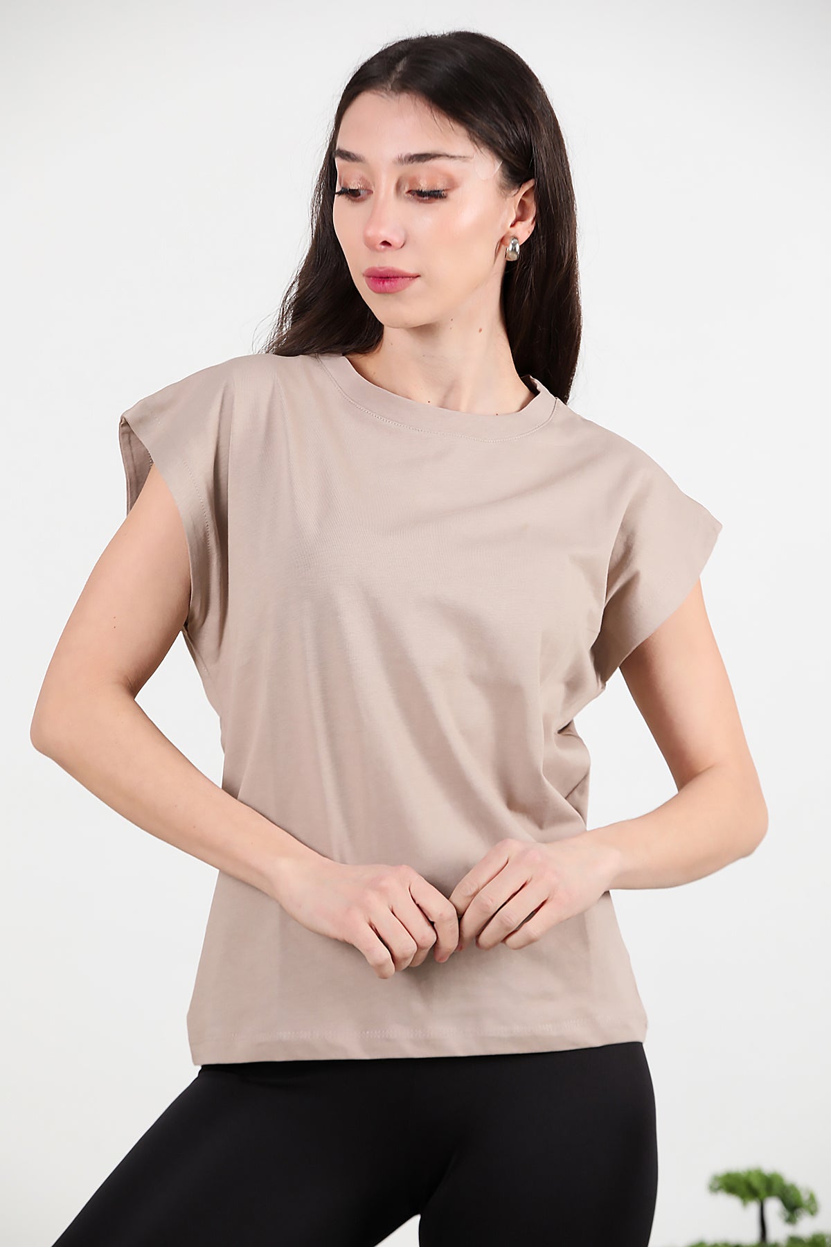 Kadın Bisiklet Yaka Oversize T-shirt Vizon