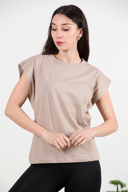 Kadın Bisiklet Yaka Oversize T-shirt Vizon