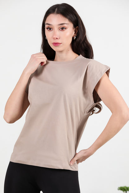 Kadın Bisiklet Yaka Oversize T-shirt Vizon