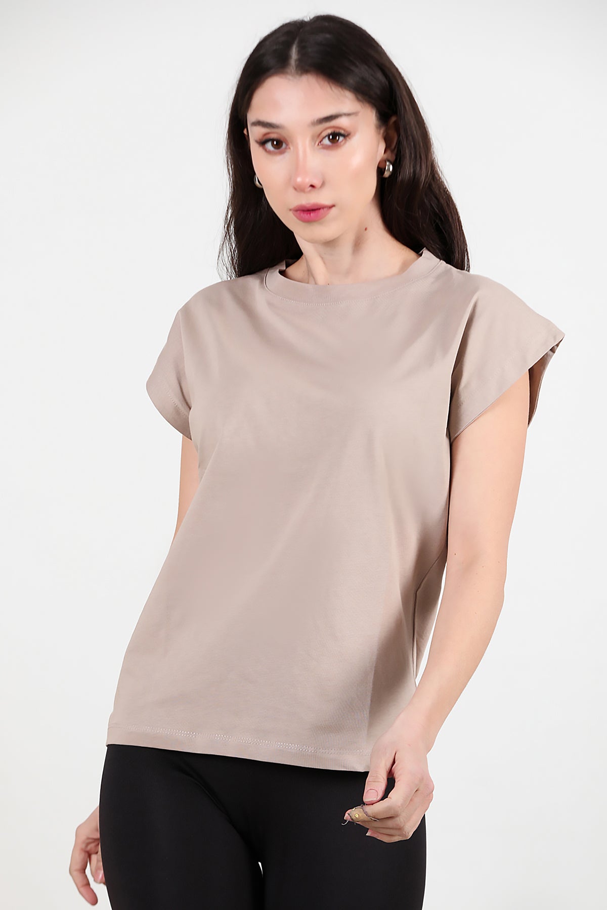 Kadın Bisiklet Yaka Oversize T-shirt Vizon