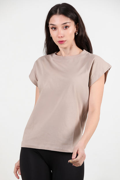 Kadın Bisiklet Yaka Oversize T-shirt Vizon