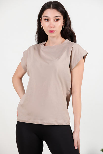 Kadın Bisiklet Yaka Oversize T-shirt Vizon