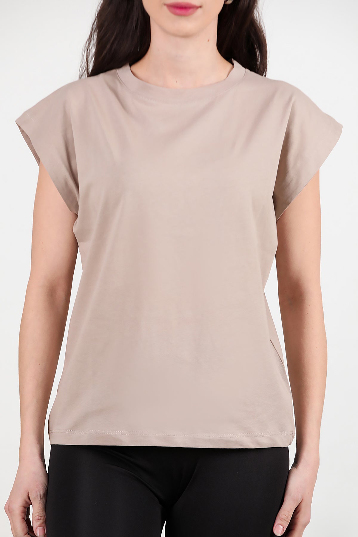Kadın Bisiklet Yaka Oversize T-shirt Vizon