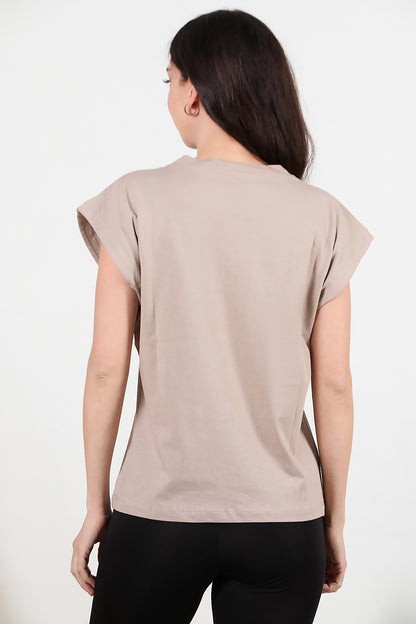 Kadın Bisiklet Yaka Oversize T-shirt Vizon
