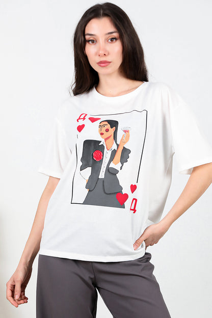 Kadın Bisiklet Yaka Baskılı T-shirt Ekru