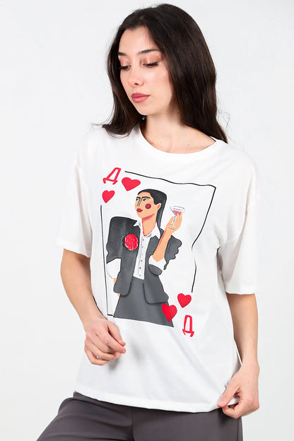 Kadın Bisiklet Yaka Baskılı T-shirt Ekru