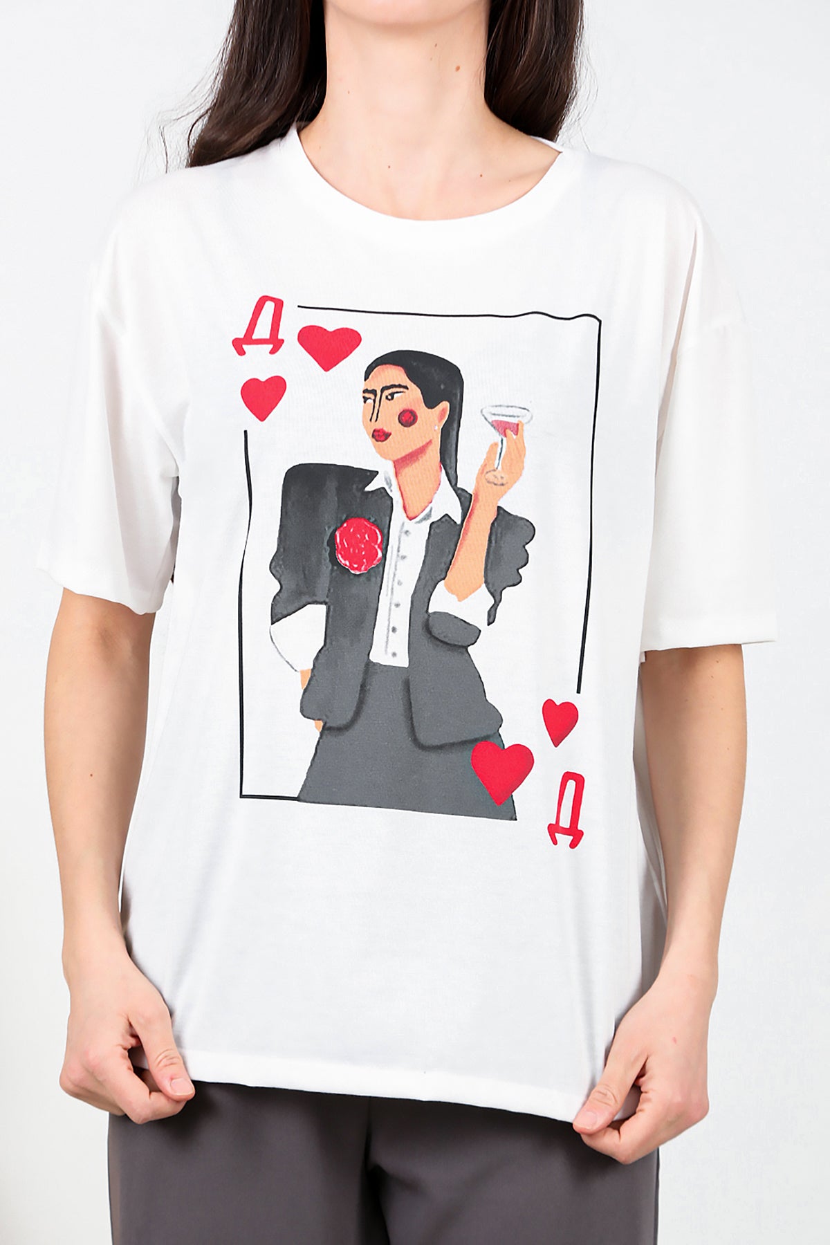 Kadın Bisiklet Yaka Baskılı T-shirt Ekru