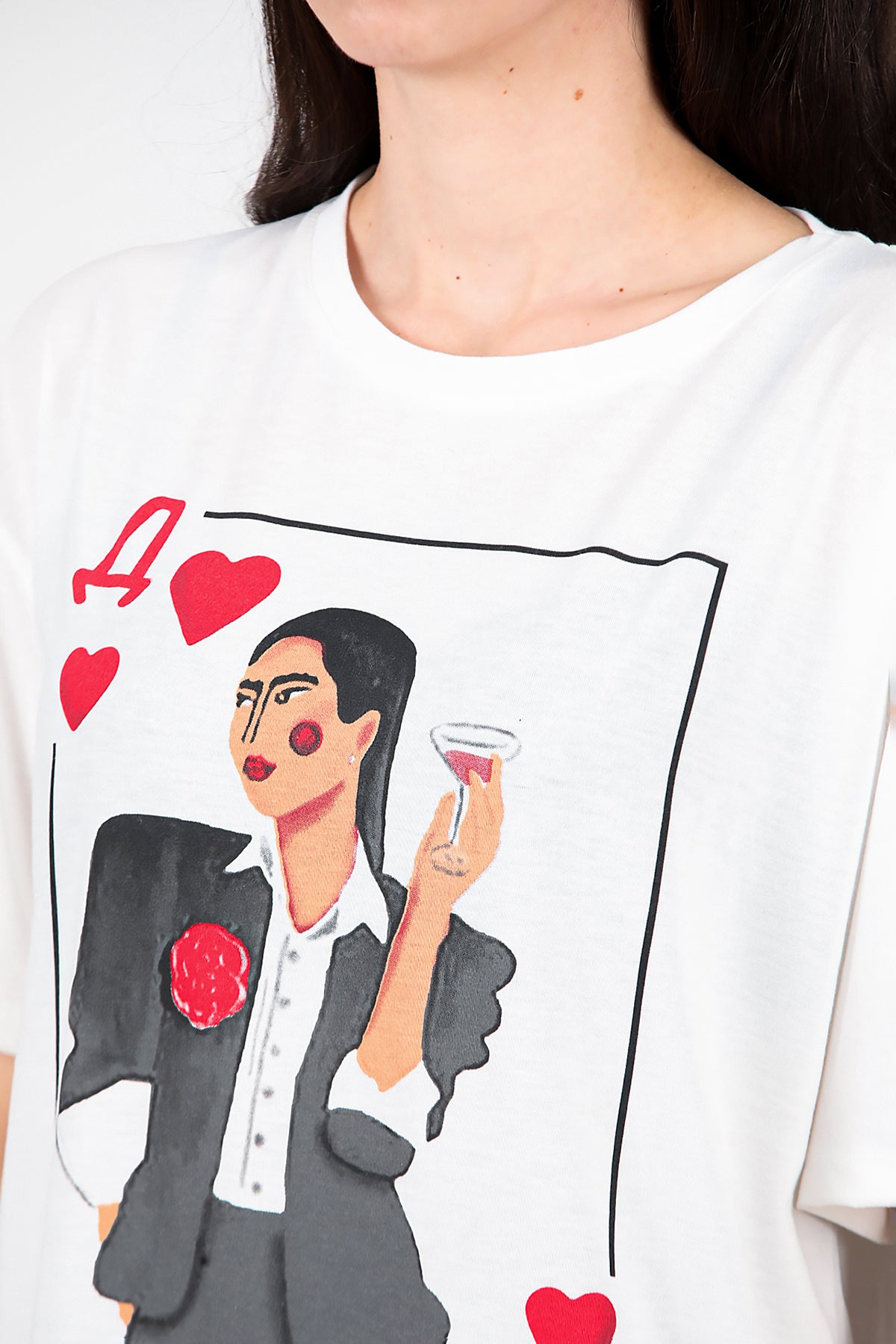 Kadın Bisiklet Yaka Baskılı T-shirt Ekru