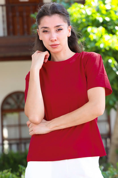 Kadın Bisiklet Yaka T-Shirt Bordo
