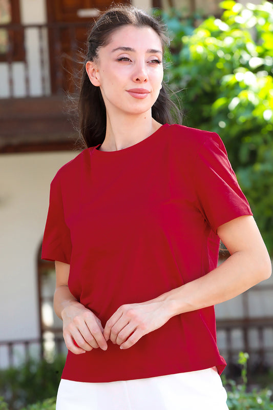 Kadın Bisiklet Yaka T-Shirt Bordo
