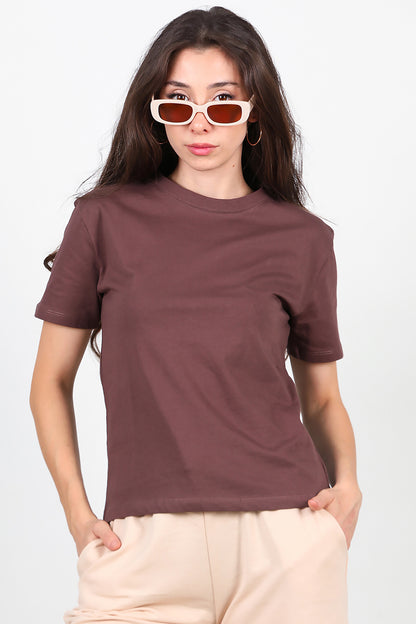 Kadın Bisiklet Yaka T-Shirt Kahverengi