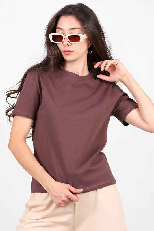 Kadın Bisiklet Yaka T-Shirt Kahverengi