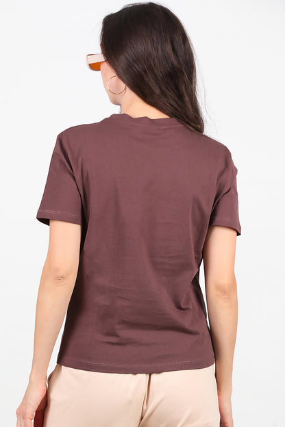 Kadın Bisiklet Yaka T-Shirt Kahverengi